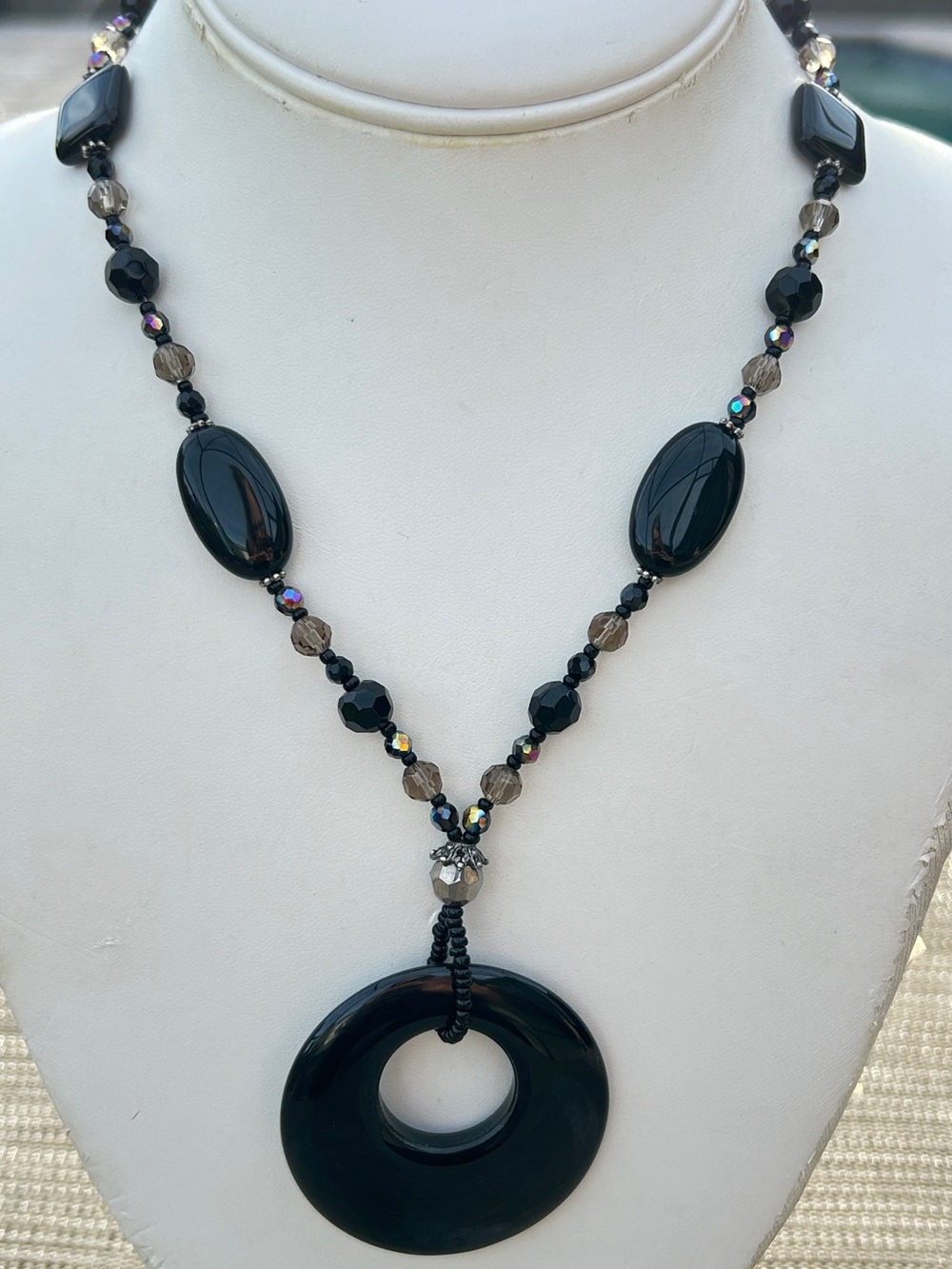Black Beaded Statement Necklace with Large Circle Pendant